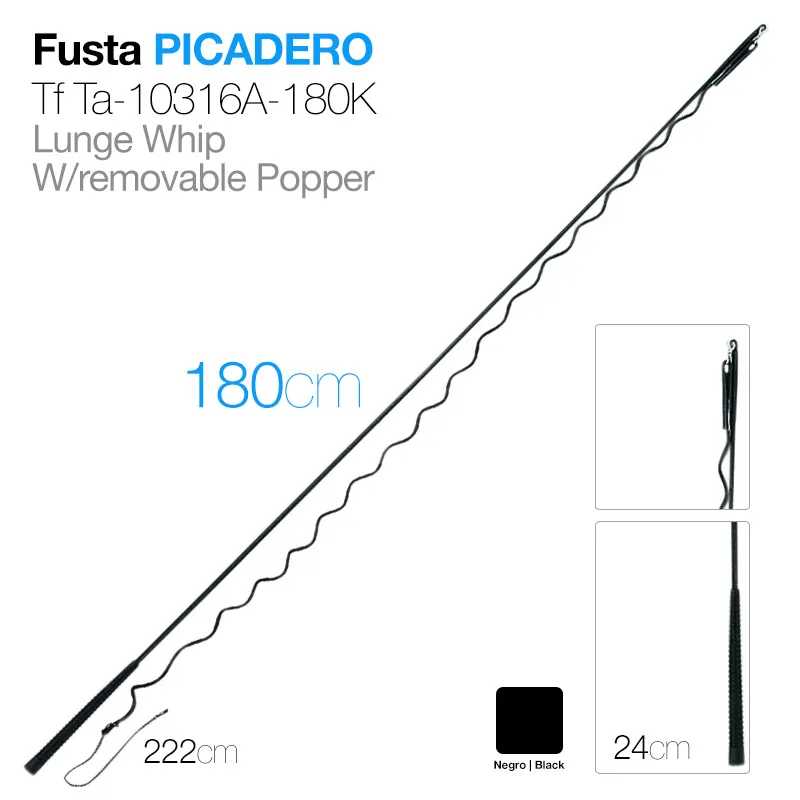 Fusta PICADERO preta, 180 cm com popper removível e cabo texturado.