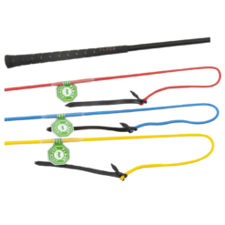 Chicote preto com pega 'FLETCH' e três chicotes coloridos com etiquetas verdes