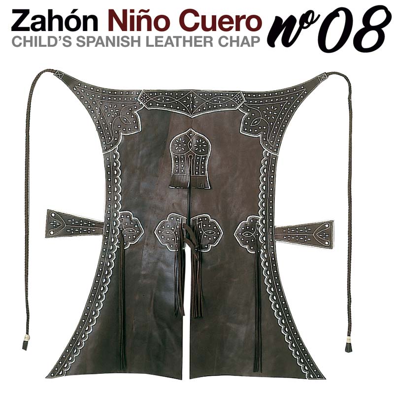Zahón infantil de couro castanho com decoração branca e franjas pretas