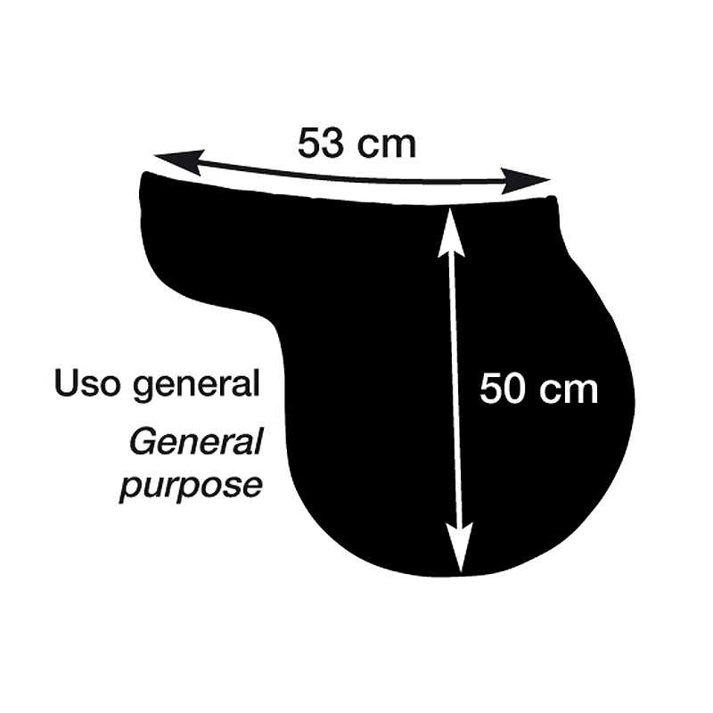 Silhueta preta com medidas e texto em espanhol e inglês