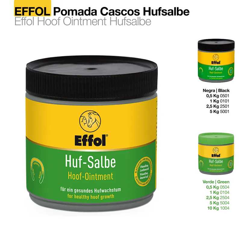 Pomada para cascos Effol Huf-Salbe em embalagem cilíndrica verde e amarela com tampa preta