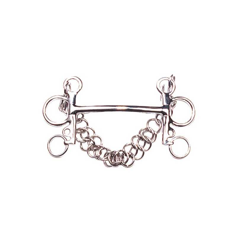 Freio equestre metálico prateado com argolas e corrente