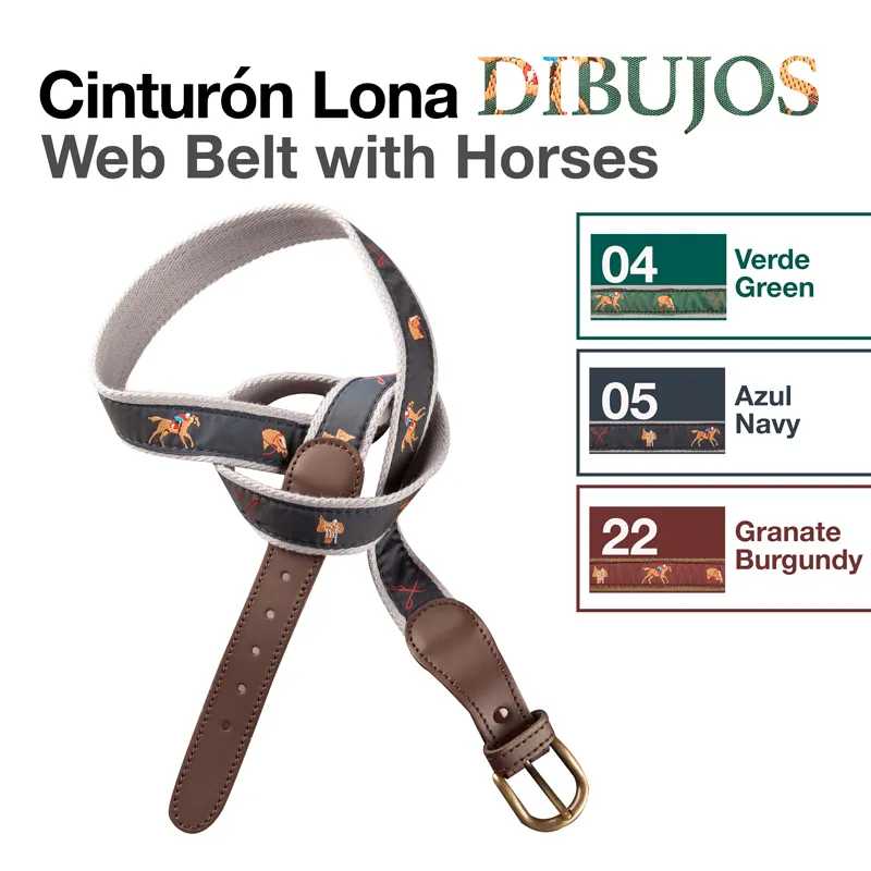 Cinto de lona com desenhos de cavalos e detalhes em pele castanha com fivela dourada