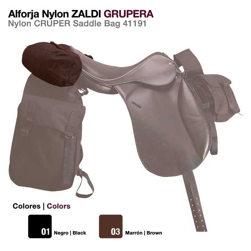 Sela Alforja Nylon ZALDI GRUPERA em preto e castanho com bolsas laterais
