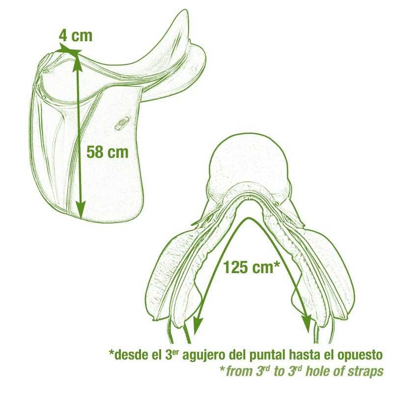 Desenho da sela de equitação com medidas em centímetros e texto explicativo em espanhol e inglês