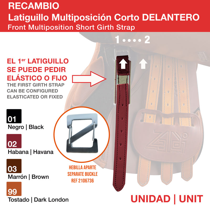 Correia multiposición curta dianteira em várias cores com fivela separada