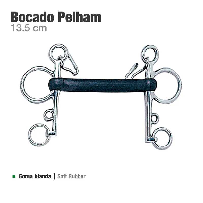 Bocado Pelham de 13,5 cm com partes metálicas e borracha preta no centro