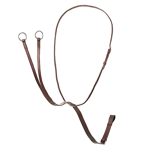 arnês ou correia de couro castanho com argolas metálicas