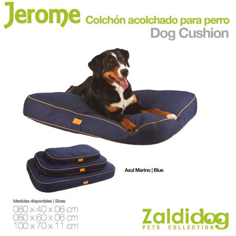 Colchão acolchoado azul marinho para cães com cão deitado