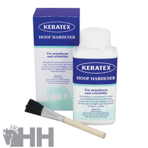 Frasco KERATEX Hoof Hardener com pincel e embalagem azul e branca.