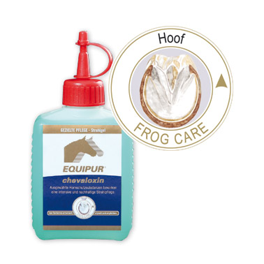 Frasco azul com tampa vermelha de produto para cuidado de cascos de cavalos e imagem ilustrativa de casco