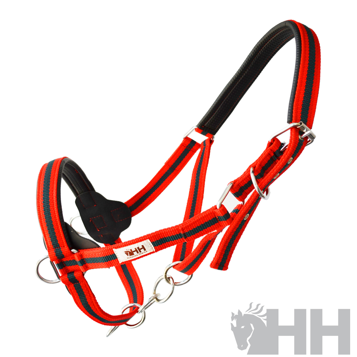 Cabresto para cavalo em nylon vermelho e preto com fivelas metálicas prateadas