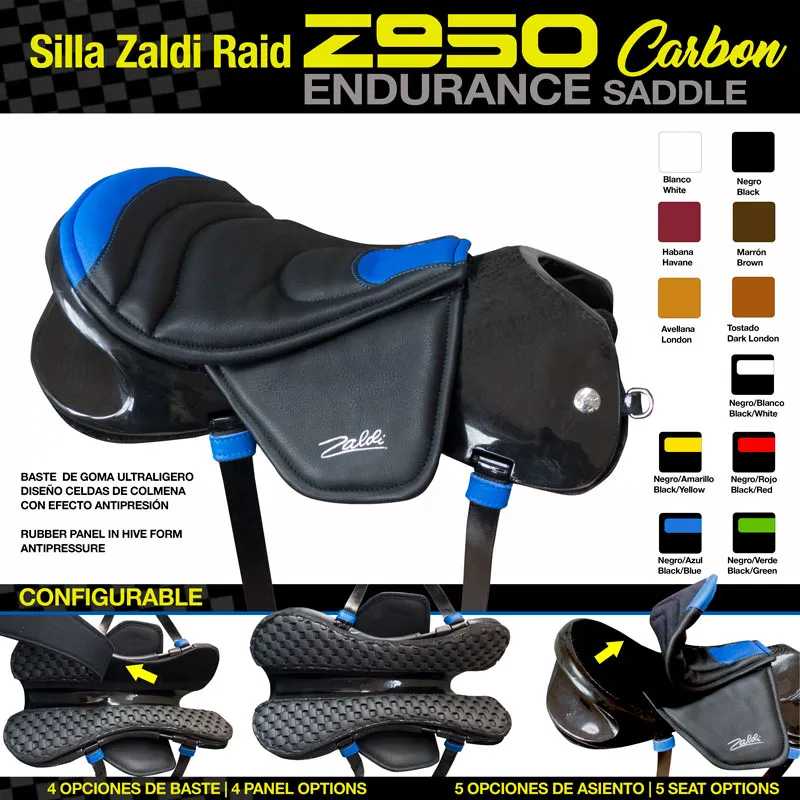 Sela equestre preta com detalhes azuis da marca Zaldi modelo Z950