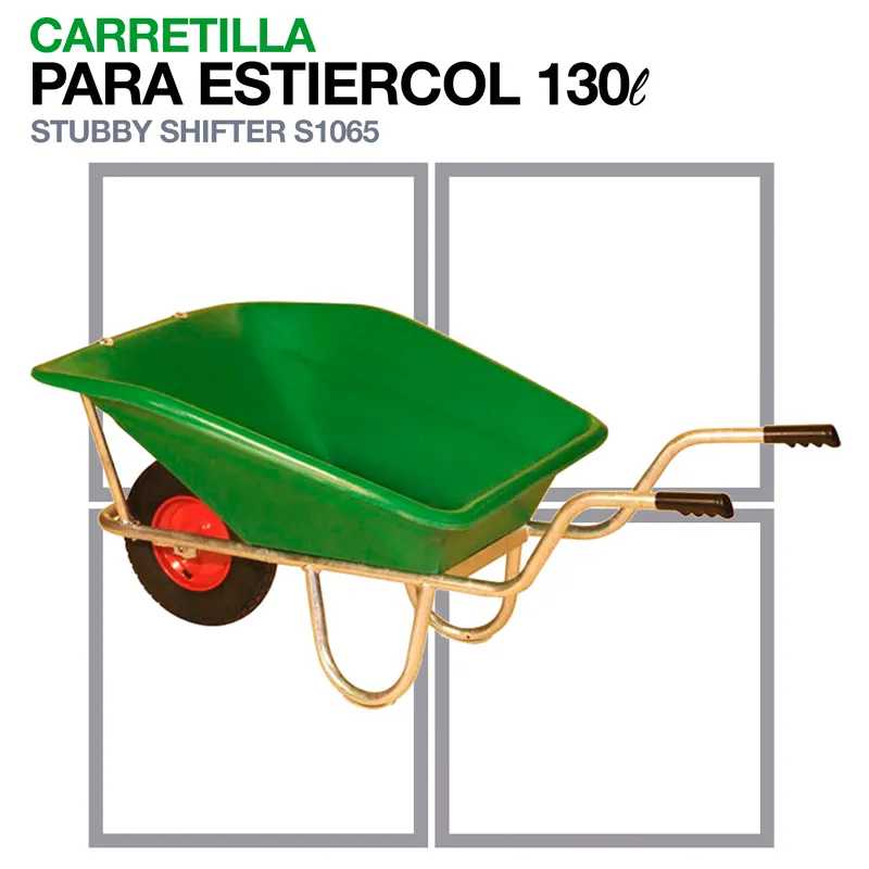 Carretilla para estiercol verde com estrutura metálica dourada e roda preta com aro vermelho.