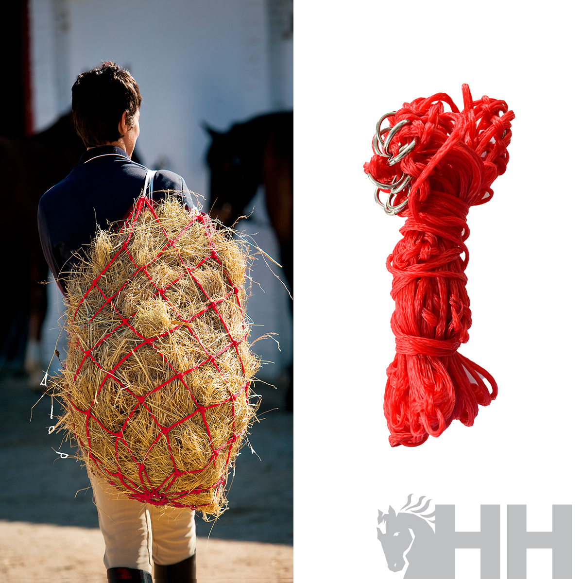 Rede vermelha para feno usada para transporte com uma imagem da rede enrolada