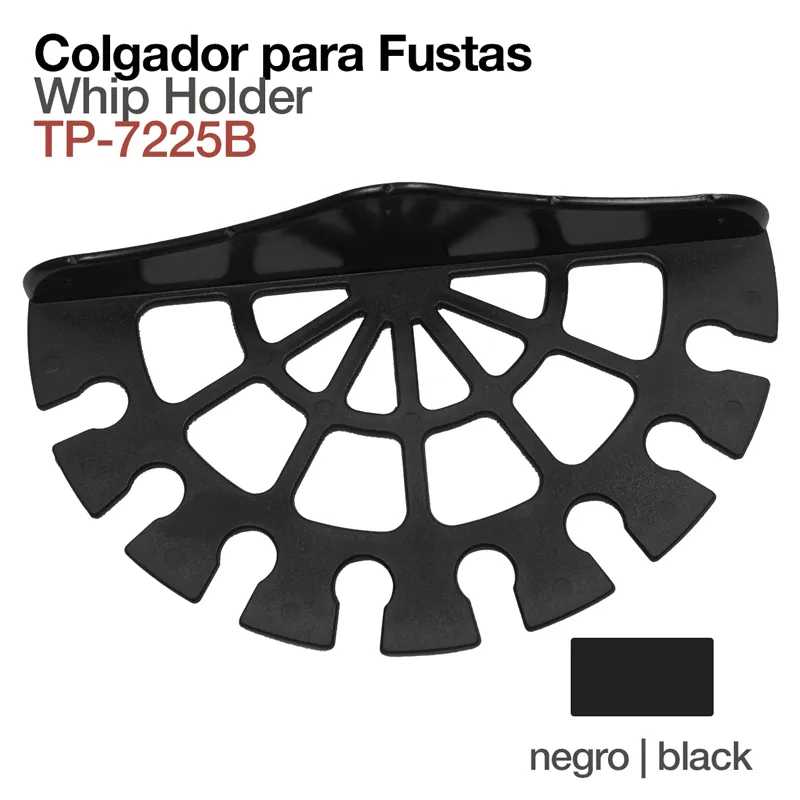 Suporte para fouets preto com design em leque e texto de identificação