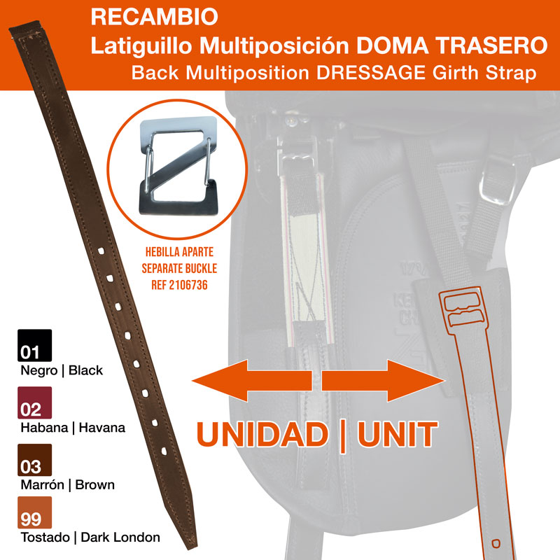 Latiguillo multiposição para sela de doma, várias cores, com furo para fivela destacada.