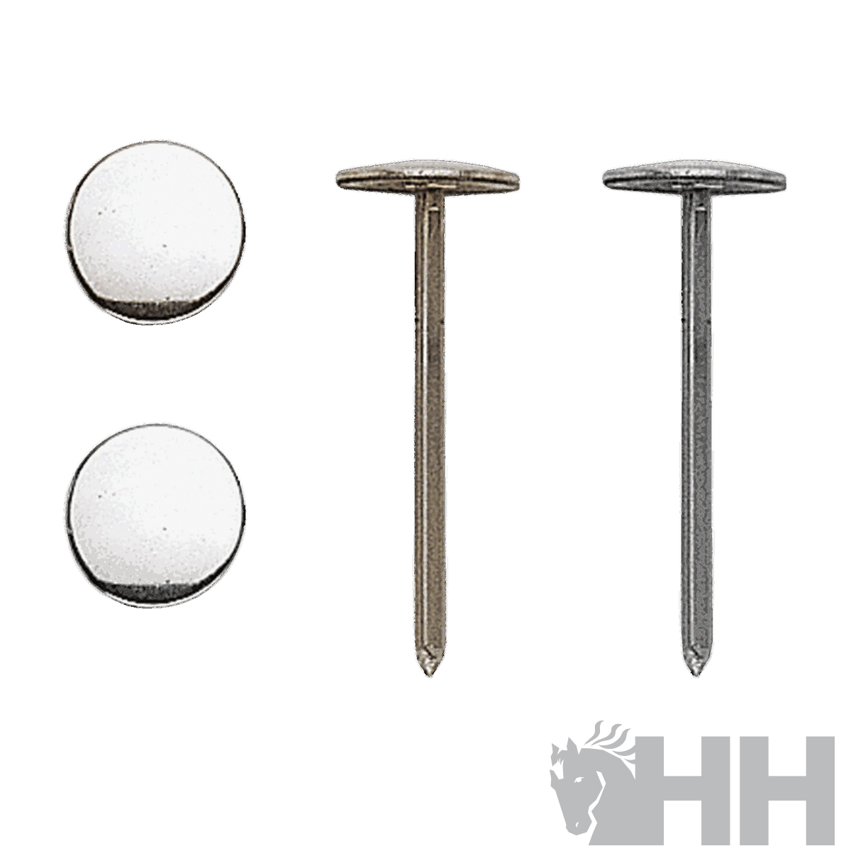 Conjunto de quatro tachas metálicas prateadas sobre fundo branco com logotipo HH