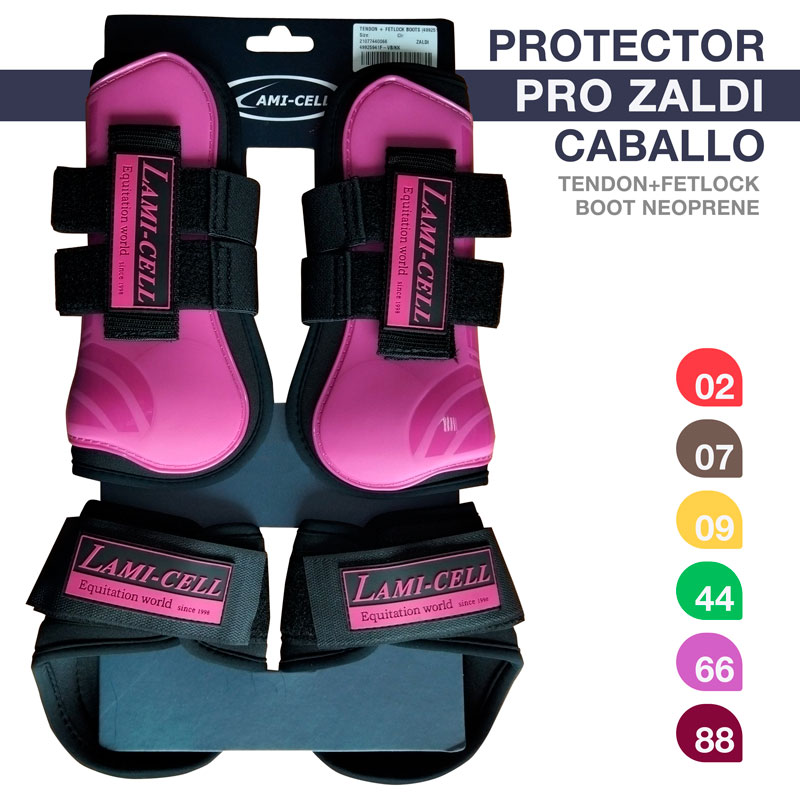 Protetores PRO ZALDI CABALLO em neoprene rosa e preto com etiqueta LAMI-CELL