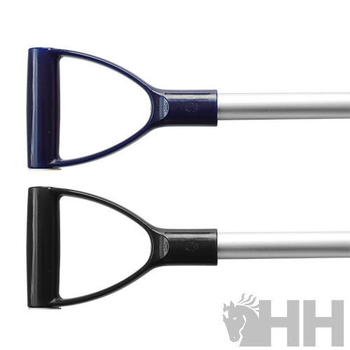 Dois cabos de alumínio para ferramentas de jardim com pegas em D, azul escura e preta.