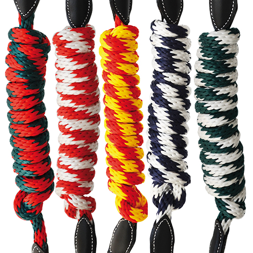 Cinco cordas torcidas coloridas com extremidades de couro preto lado a lado