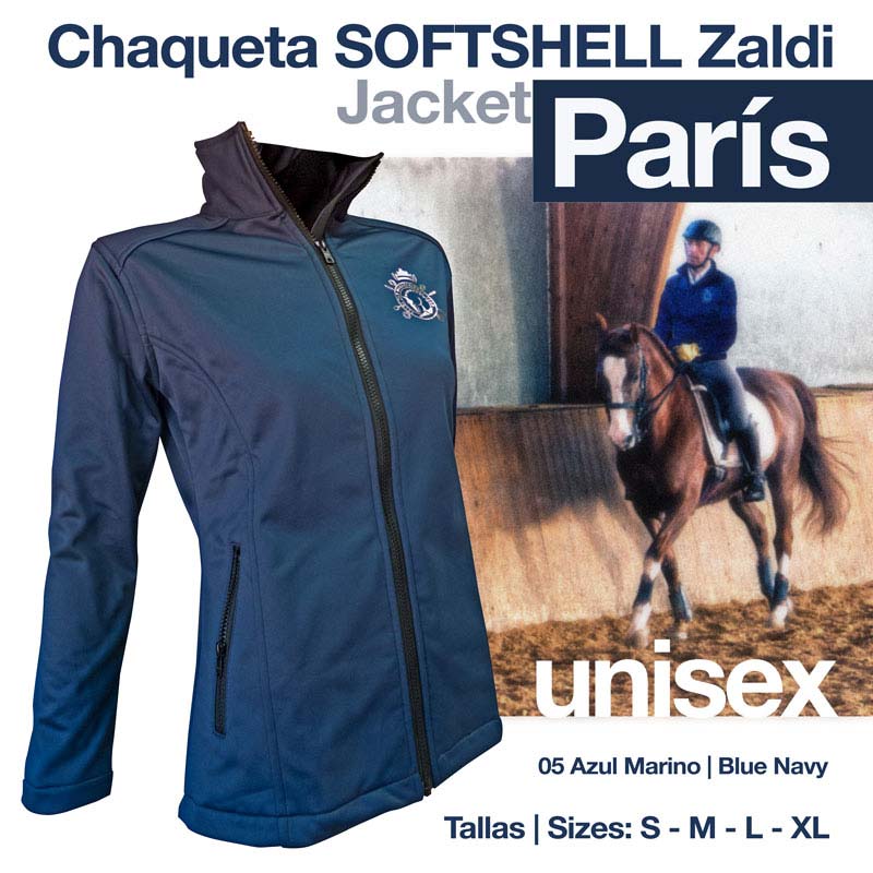 Jaqueta softshell azul-marinho unissexo Zaldi modelo París com zíper e bolso