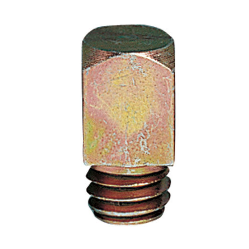 Parafuso metálico com cabeça hexagonal e rosca na parte inferior, tonalidades dourado e cobre