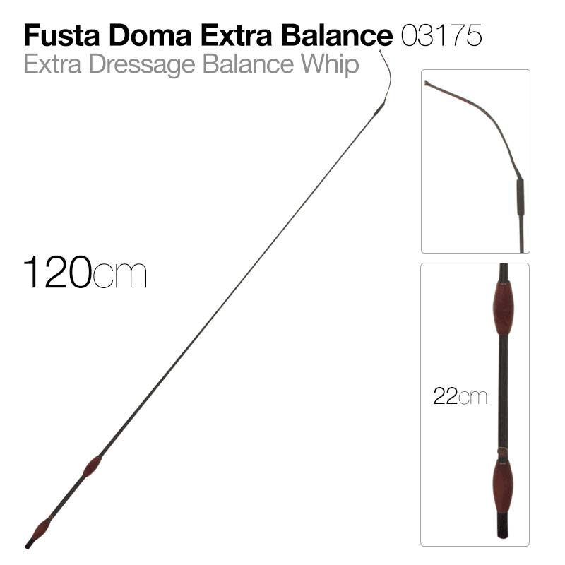Fusta de doma extra balance preta com punhos castanhos e texto explicativo