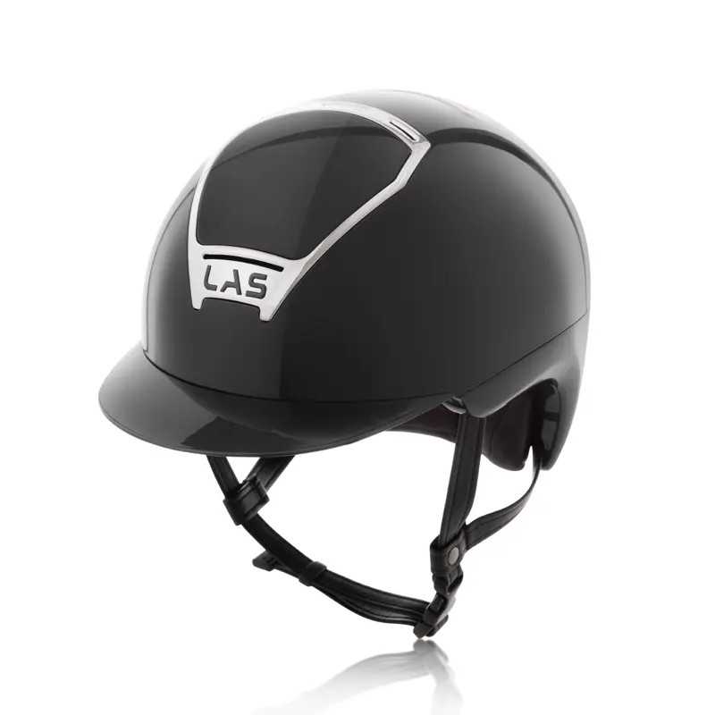 Capacete de equitação preto com detalhes brancos e visor transparente