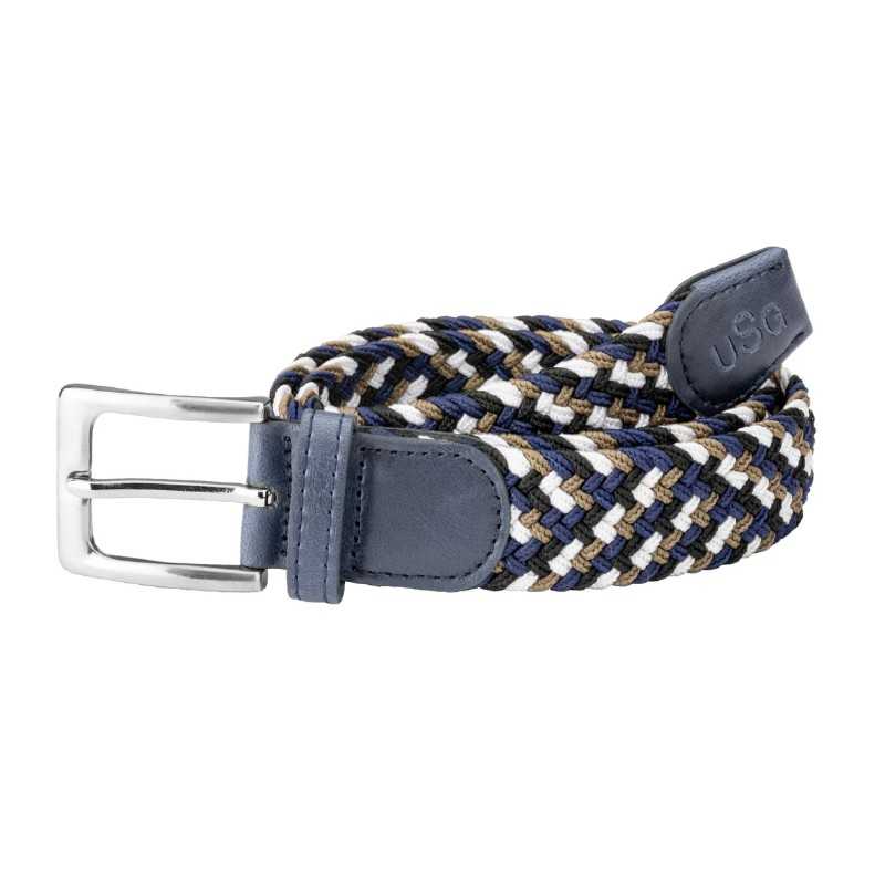 Cinto trançado azul, bege e branco com detalhes em pele azul e fivela metálica