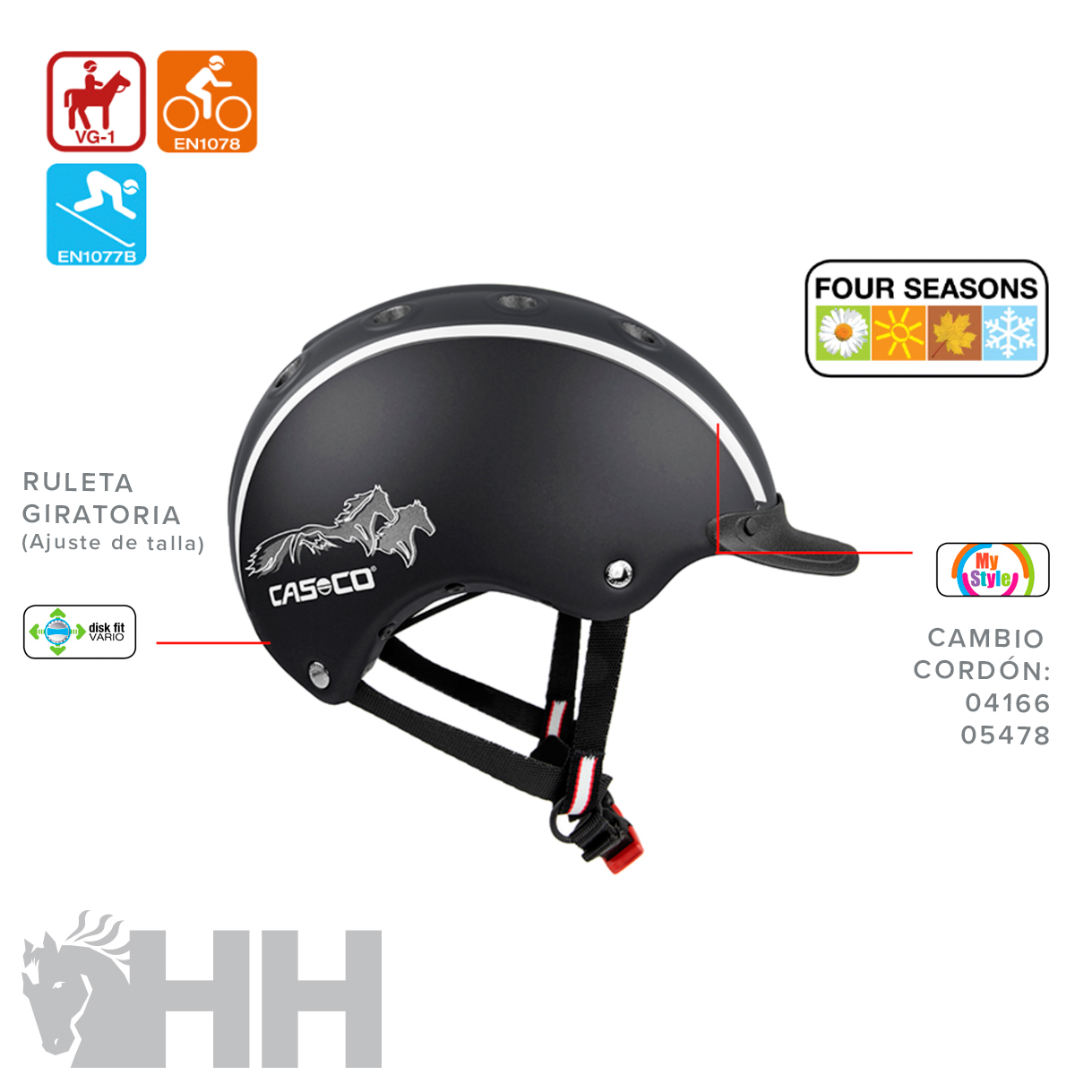 Capacete preto com correias ajustáveis, logotipo CASECO e desenhos de montanhas