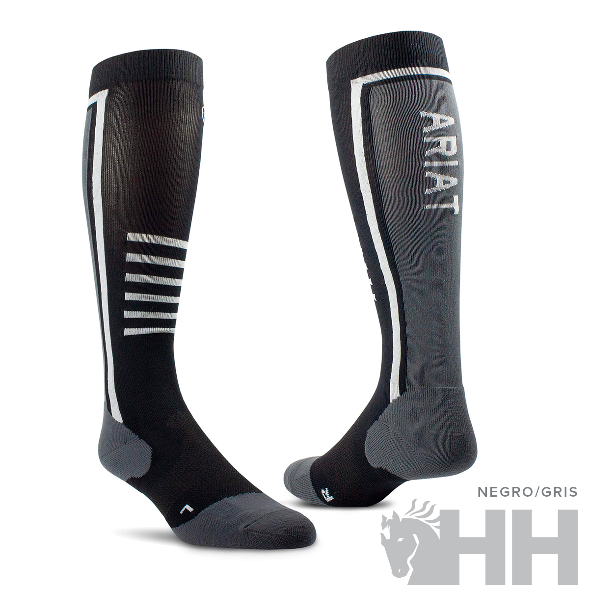 Meias pretas e cinzentas com padrão branco e texto ARIAT