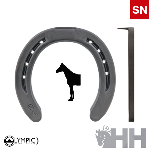 Ferradura de cavalo cinzenta com ferramenta metálica ao lado sobre fundo branco