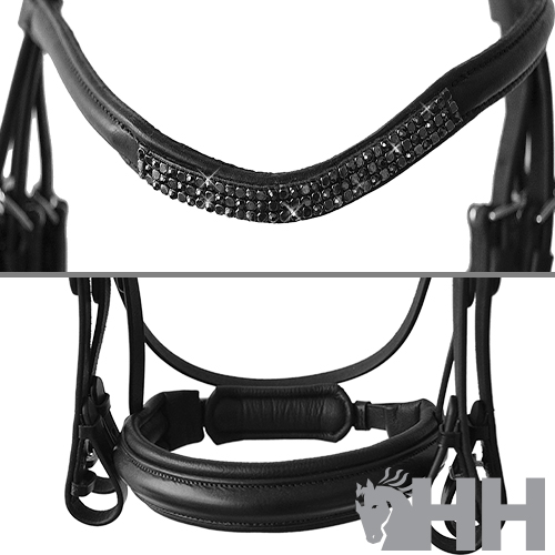 Bridão ou cavesson de equitação em couro preto com pedras pretas