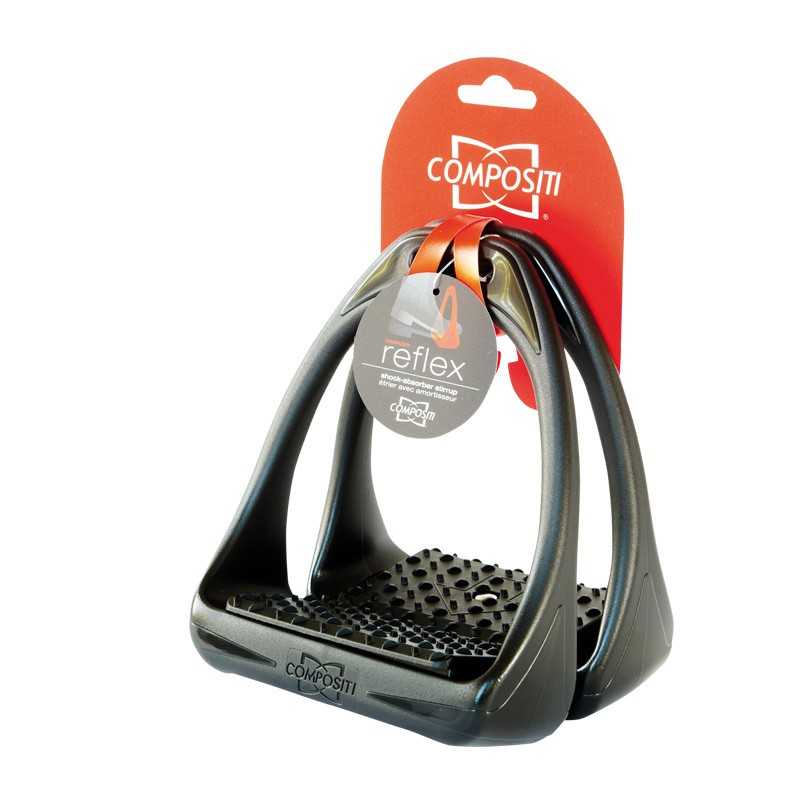 Estribos pretos para equitação com embalagem laranja da marca COMPOSITI