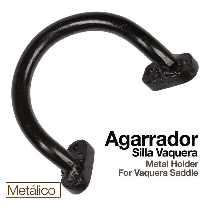 Agarrador metálico preto para sela Vaquera com texto explicativo