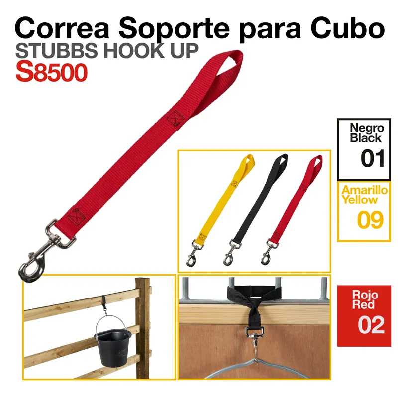 Correia vermelha para suporte de cubo com presilha metálica e exemplos em várias cores