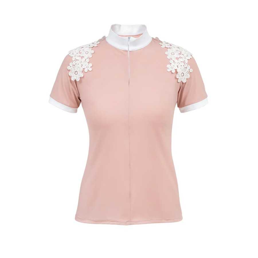 T-shirt feminina rosa com gola e detalhes brancos e flores em renda nos ombros