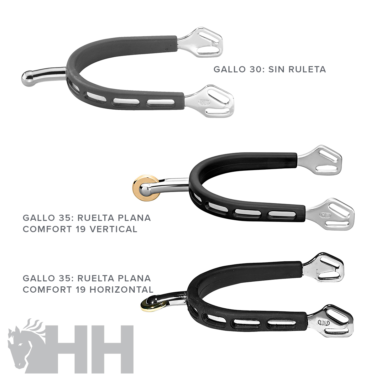 Três esporas metálicas com revestimento preto e textos de identificação dos modelos sobre fundo branco