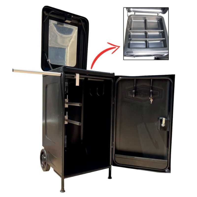 Carrinho de transporte preto com portas abertas e organizador interno