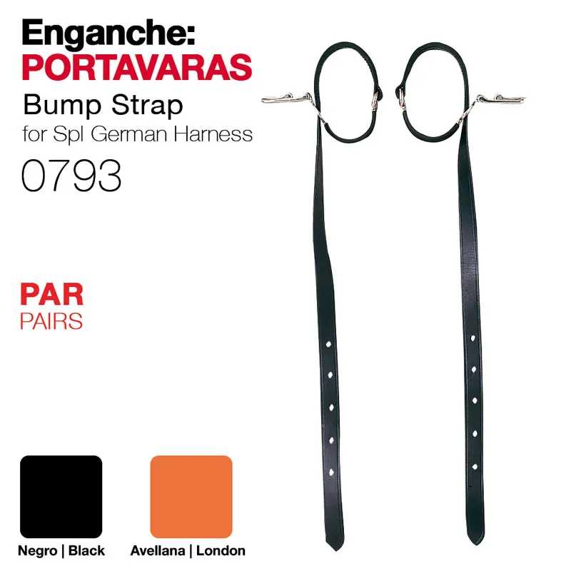 Enganche portavaras preto com correias e ganchos para arreio