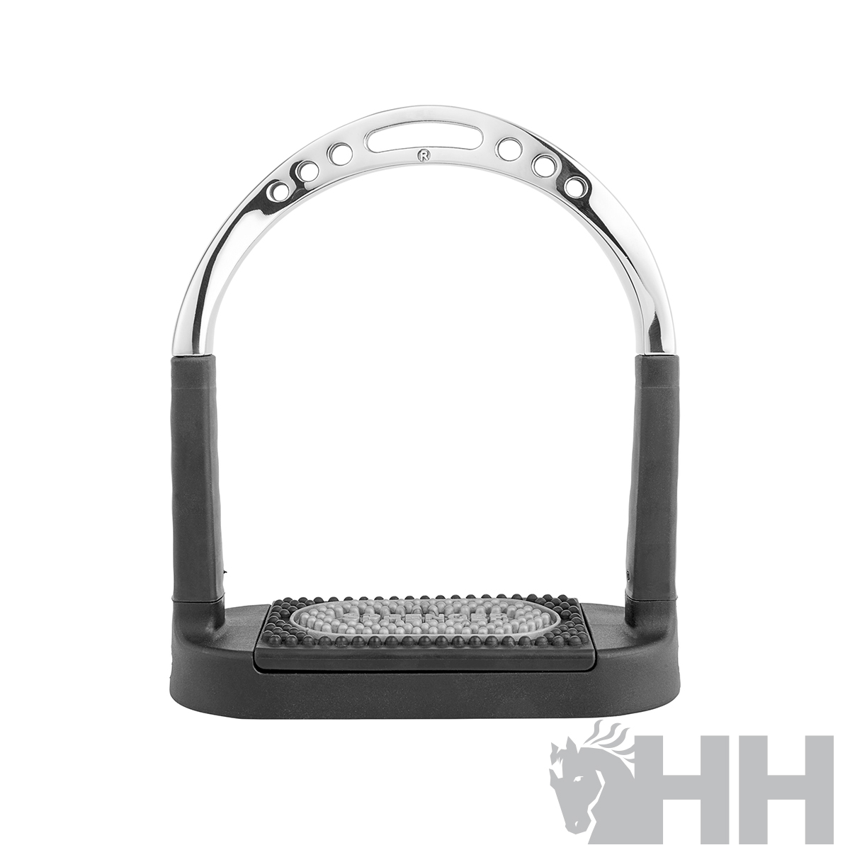 Estribo para equitação em aço prateado com apoios de pé pretos texturizados