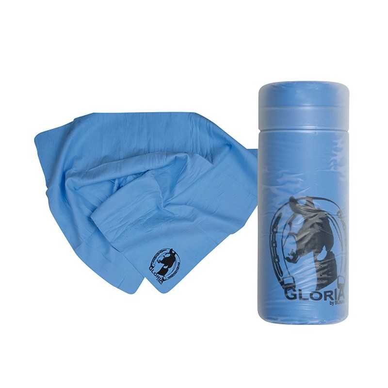 Garrafa térmica e toalha azuis com imagem de cavalo preto