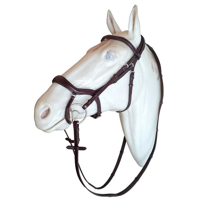 Cabedal de pele castanha para cavalo numa cabeça de modelo branco