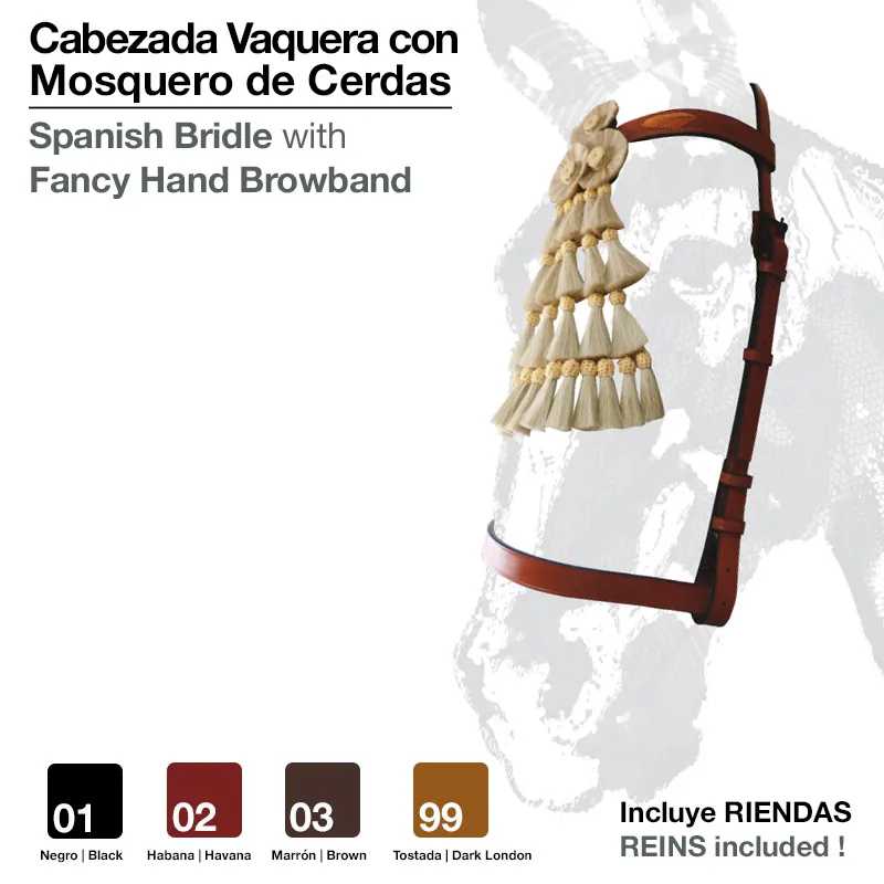 Cabeçada vaqueira castanha com mosquero de cerdas e detalhes naturais, texto em castelhano e inglês, fundo branco