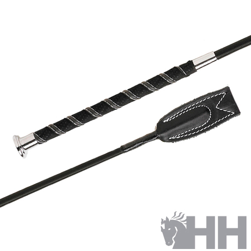 Chicote de cavalo preto com detalhes prateados e ponta em couro