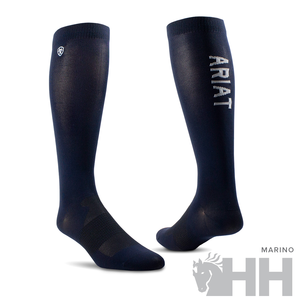 Par de meias pretas compridas com logótipo ARIAT e texto HH MARINO