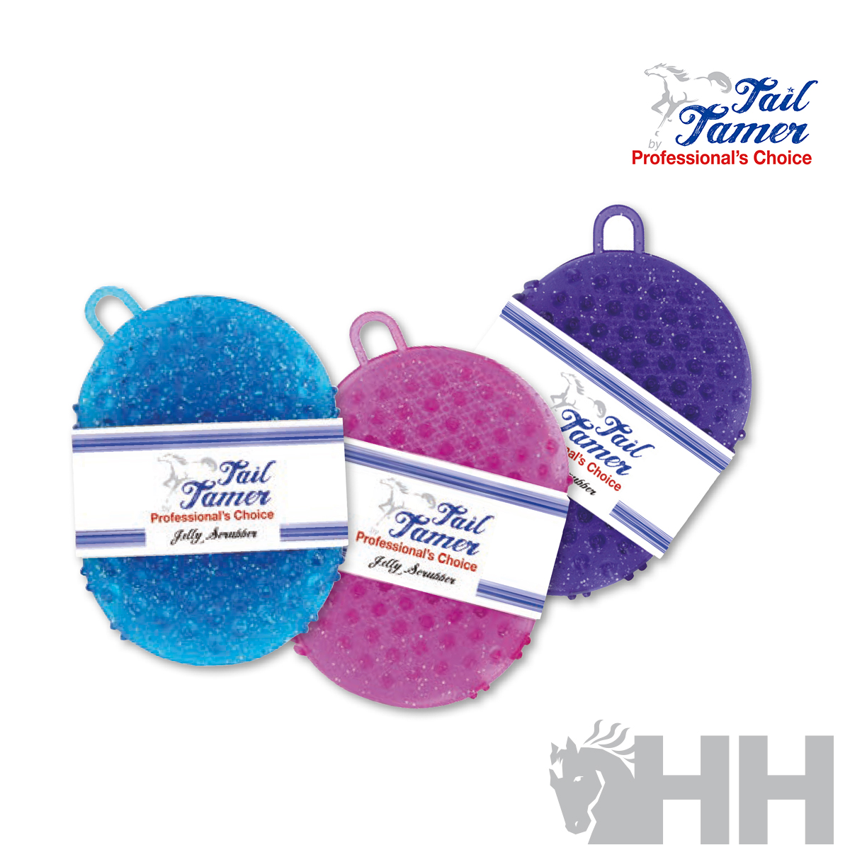 Três esponjas de banho coloridas com etiquetas Tail Tamer Professional's Choice