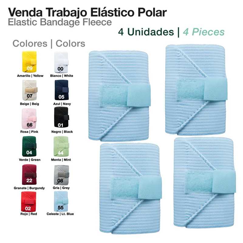 Conjunto de 4 vendas elásticas polares azuis claras com velcro, mostradas com tabela de cores disponíveis e texto de embalagem em fundo branco.
