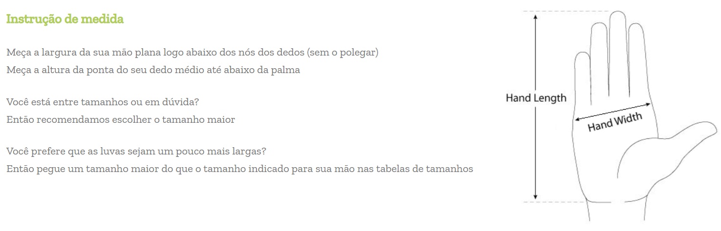 Instruções de medição de mão com diagrama e texto em português